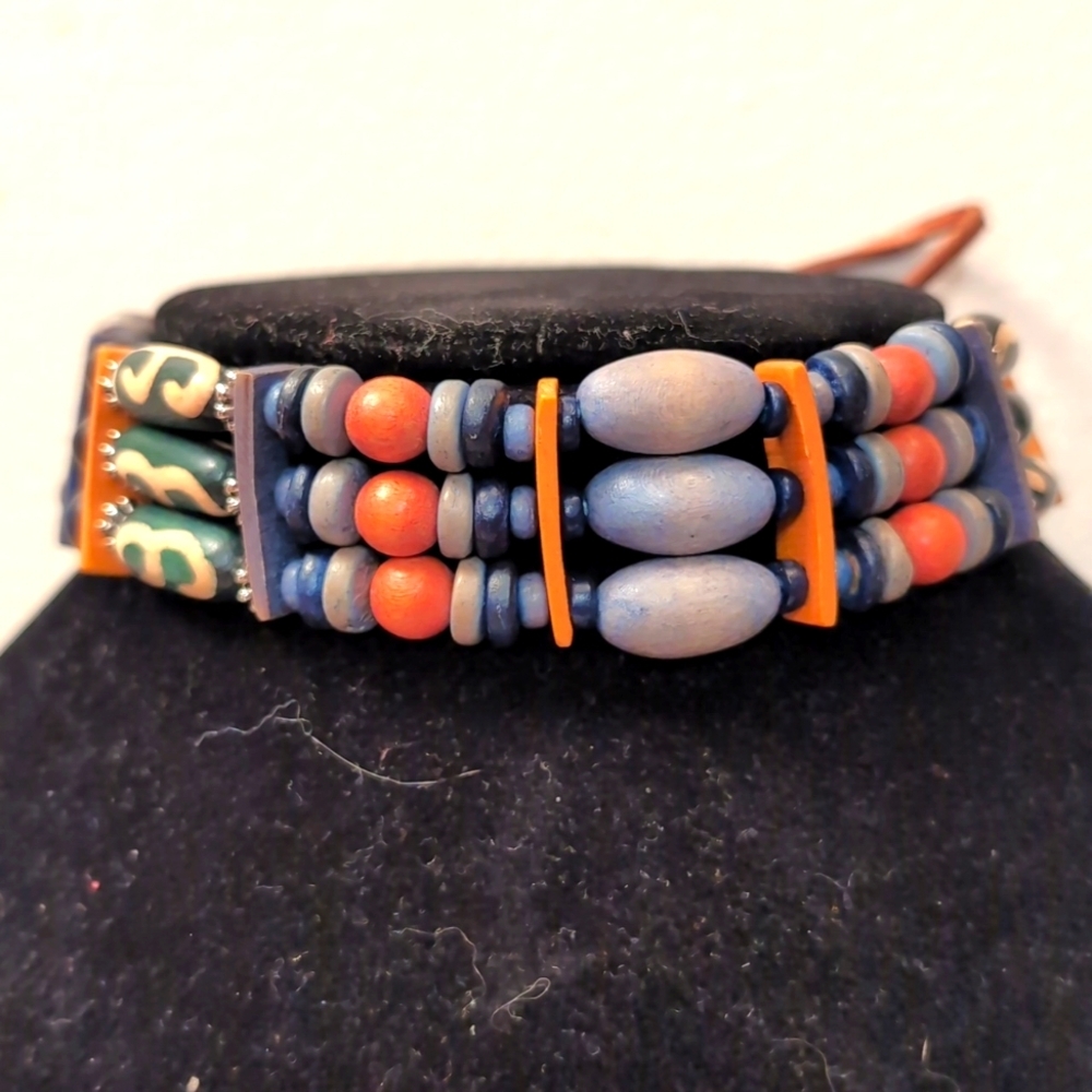 Vintage Wooden Beaded Blend Choker Necklace With Long Leather Tie Clasp